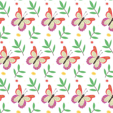 Minimalistic seamless pattern of butterflies and leavesのイラスト素材