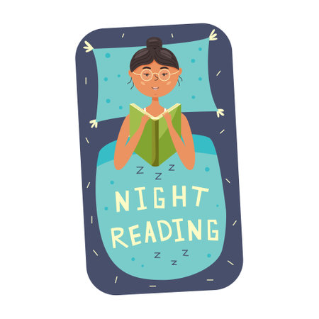 A girl reading a book before bedtime. Woman lies in bed on a pillow, covered with a blanket. vector illustrationのイラスト素材