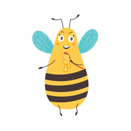 Bee with a spoonful of honey. Bumblebees eating honey. character funny animal. vector illustration