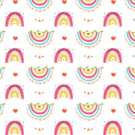 Colorful pattern inverted rainbow with hearts. Kids Nursery. Hand drawn design for wallpaper, fabric, wrapping, apparel. baby shower. Vector illustration with white backgroundのイラスト素材