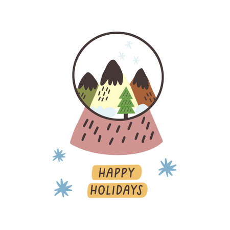 Christmas card crystal ball with a house. Boho cozy scandinavian village cottage vector digital postcard for nursery baby in flat hand drawn styleのイラスト素材