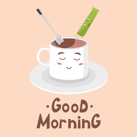 Nice white mug with instant coffee and a spoon. good morning lettering. vector illustrationのイラスト素材