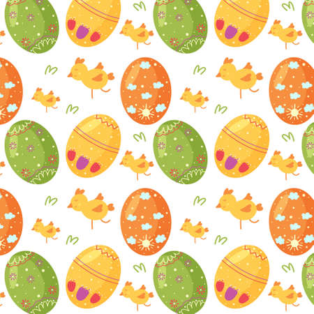 Seamless pattern of Easter eggs, chicken, green grass. Perfect for wallpaper, gift paper, pattern fills, web page background, spring and Easter greeting cardsのイラスト素材