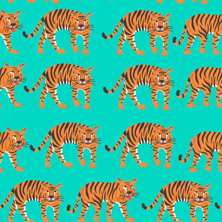 Seamless pattern striped tigers. Wild Cat predator orange and black vector modern flat style backgroundのイラスト素材