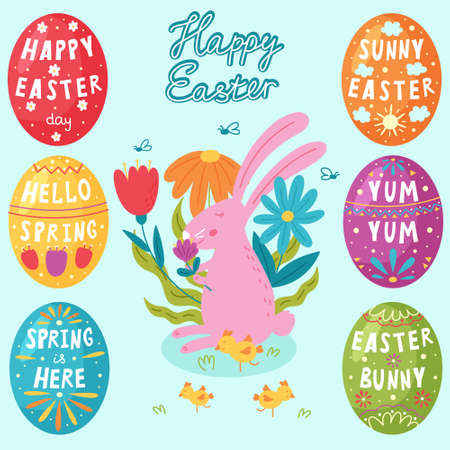 Spring Easter greeting egg and bunny set with flowers. Bundle of cute vector illustrations for a...