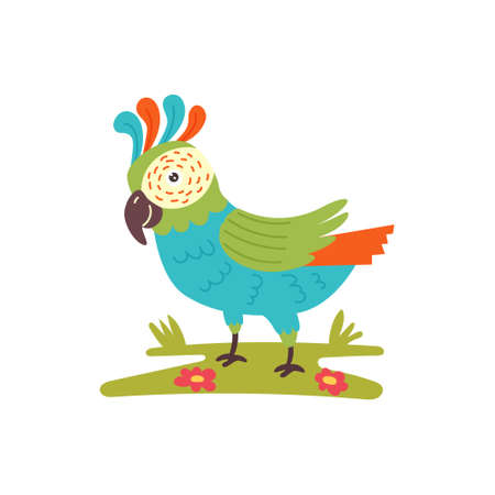Vector bright parrot walking on green grassのイラスト素材