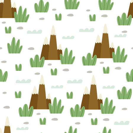 Natural Pattern Mountain Vegetation.Nature doodle hand drawn flat cartoon background nursery vector digital paper textile fabric wallpaperのイラスト素材