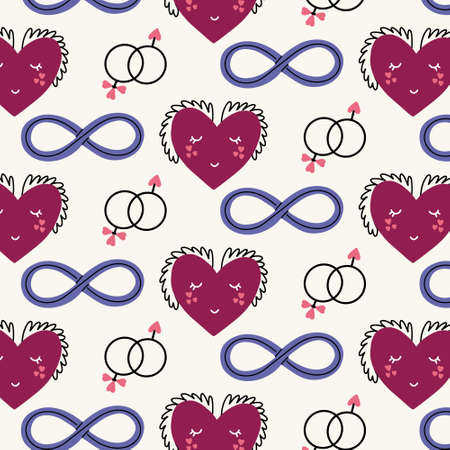Seamless pattern character heart with wings sign of infinity gender. Valentine's Day digital paper...