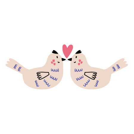 Two Pigeons Love. Couple Bird Kiss. Romantic vector hand drawn doodle elementのイラスト素材