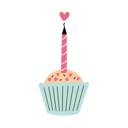 Cupcake with a heart candle. Romantic vector hand drawn doodle element