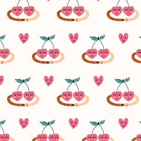 Seamless pattern character cherry heart hug. Valentine's Day digital paper wallpaper textile fabric...