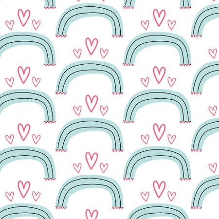 Seamless blue rainbow heart pattern. Valentine's Day digital paper wallpaper textile fabric repeat backgroundのイラスト素材