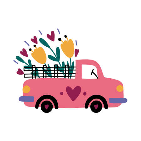 Pink Farm Car with flowers and leaves. Bouquet of blossom, hearts. Romantic vector hand drawn doodle illustrationのイラスト素材