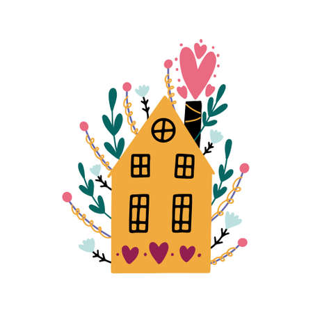 house building flowers. Romantic vector hand drawn doodle elementのイラスト素材