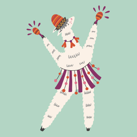Dancing Mexican fluffy llama character on blue background. Alpaca animal hand drawn doodle naive design vector art clipart illustrationのイラスト素材
