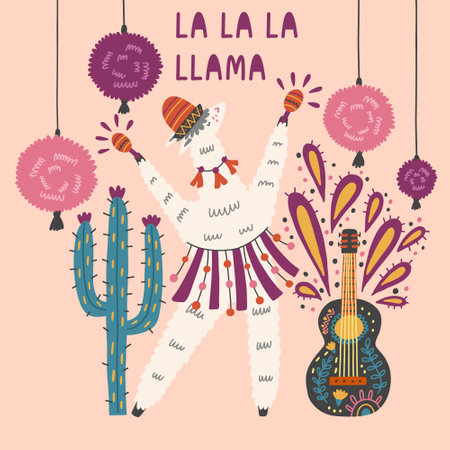 Dancing llama mexican festival with a cactus guitar. Alpaca animal nature print hand drawn doodle naive design vector art illustration. La la la llamaのイラスト素材