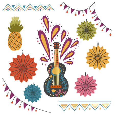 Mexican festival decorations set paper origami circles guitar ornament garland flags hand drawn doodle naive design vector art clipart illustrationのイラスト素材