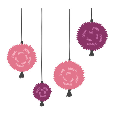 Set of pink purple hanging fluffy circles Mexican festival decoration. Doodle hand drawn attribute element naive vector art on white isolated backgroundのイラスト素材