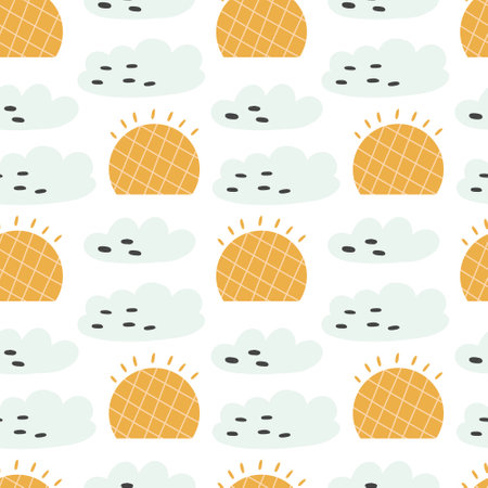 Happy pattern sun clouds. Nature sky background hand drawn doodle naive vector art. Cute digital paper textile wallpaperのイラスト素材