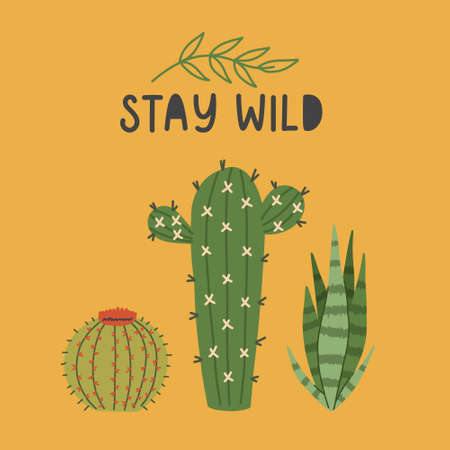Yellow print with green cactus. Nature print hand drawn doodle naive design vector art illustration. stay wildのイラスト素材