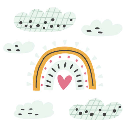 Set cute blue abstract rainbow clouds hand drawn doodle naive design vector art clipart illustrationのイラスト素材