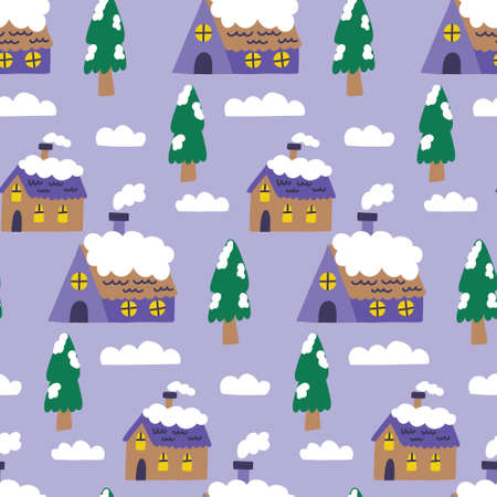 Seamless winter pattern snowy houses. Christmas rustic village textile fabric background. Doodle...