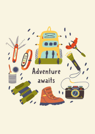 Print hiking items. Hiking, camping. Adventure nature poster for nursery room. Children design card vector doodle naive art illustrationのイラスト素材