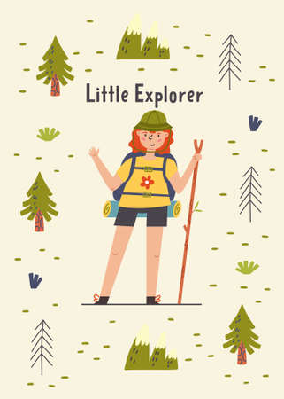 print scout little explorer. Hiking, camping. Adventure nature poster for nursery room. Children design card vector doodle naive art illustrationのイラスト素材