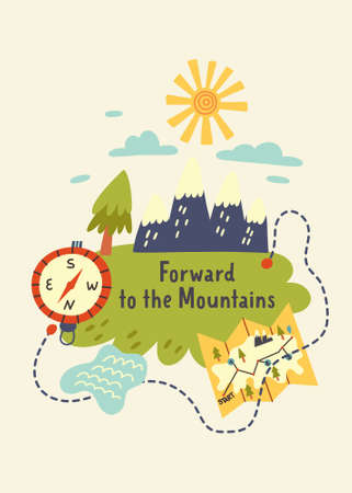 Journey to the Forest Mountains Print. Hiking, camping. Adventure nature poster for nursery room. Children design card vector doodle naive art illustrationのイラスト素材