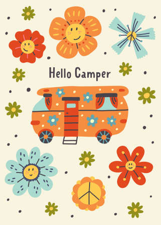 Print hello camper car colorful smiling flowers. Hippie transport floral. Hiking, camping. Adventure nature poster for nursery room. Children design card vector doodle naive art illustrationのイラスト素材