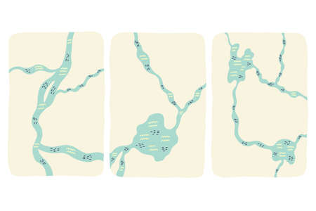 Set Landscape cartography of the river. Doodle hand drawn vector clipart illustration