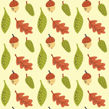 Forest seamless pattern leaves acorn. Nature Digital paper for nursery room, textile decor, kids wallpaper. Children repeat background for fabric designのイラスト素材