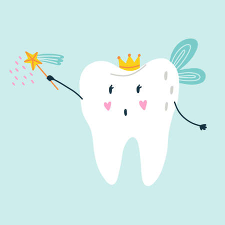 Cute funny character white tooth fairy with blue wings in a crown and a magic wand in blue isolated background. Vector flat medical cartoon character for children designのイラスト素材
