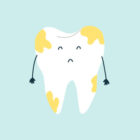 Cute sad character white tooth with yellow plaque in blue isolated background. Vector flat medical cartoon character for children designのイラスト素材