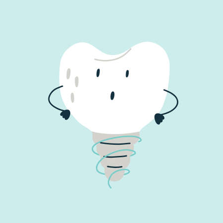Cute surprised character white tooth with metal screw-in implant in blue isolated background. Vector flat medical cartoon character for children designのイラスト素材