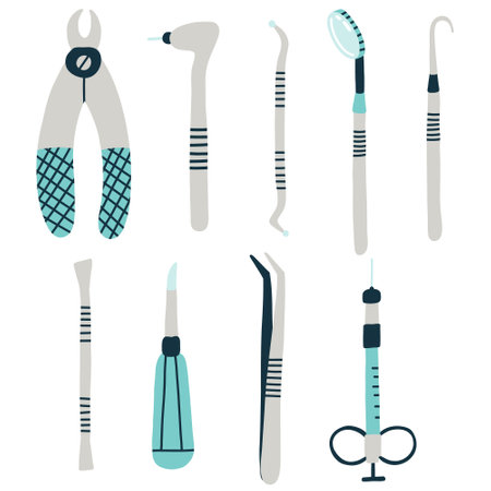 Dental instrument set for dental treatment. Tooth medical instrument element in isolated white background. Vector naive cartoon modern flat style clipartのイラスト素材