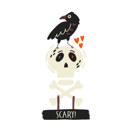 Scary skull with black crow. human bones with bird. Halloween kids graphic. cartoon flat vectorのイラスト素材