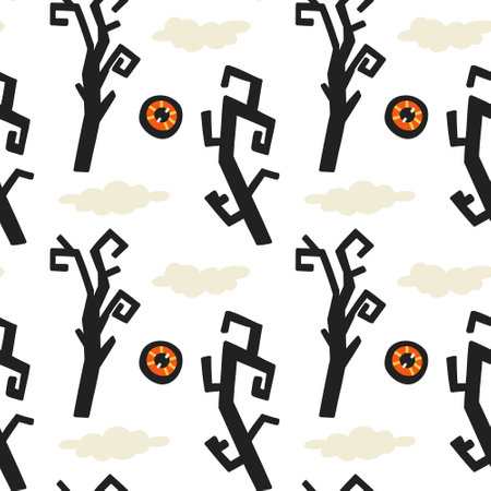 Trees eye clouds halloween pattern. Halloween kids wallpaper, digital paper. Cartoon flat vector repeat backgroundのイラスト素材