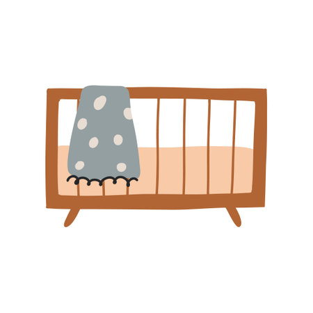 Wooden wicker crib for a newborn baby. Boho Baby Nursery Scandinavian Neutral Decor Element. Baby Shower Minimalist Clipart for Newbornのイラスト素材