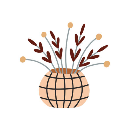 Nursery Boho Decorative vase with leaves. Boho Baby Nursery Scandinavian Neutral Decor Element. Baby Shower Minimalist Clipart for Newbornのイラスト素材