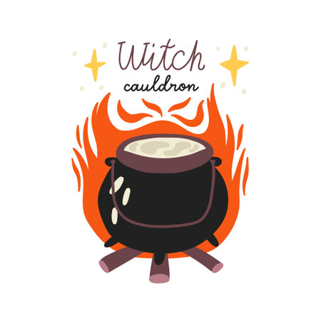 Witches Cauldron on the Fire. Lettering Witch cauldron Season Holiday. Halloween kids graphic. cartoon vector clipartのイラスト素材
