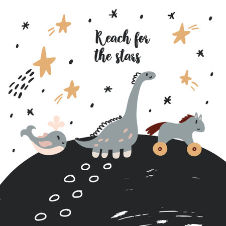 Baby boho nursery poster dreaming animals dinosaur whale horse among the stars. Baby Shower Scandinavian pastel illustration. Lettering Reach for the stars. Flat bohemian vector on neutral backgroundのイラスト素材