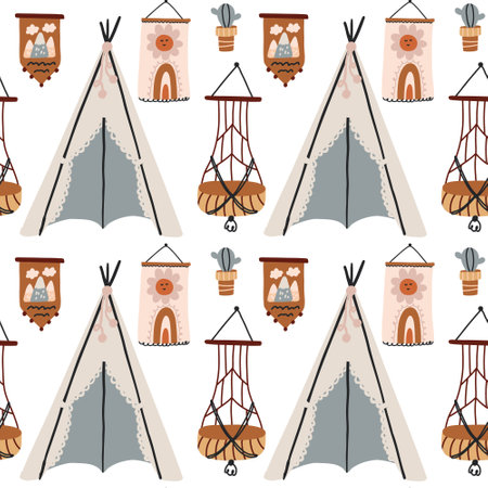 Seamless pattern nursery wigwam. Baby shower Scandinavian pastel wallpaper. Textile fabric design for kids. Flat bohemian vector neutral background paperのイラスト素材