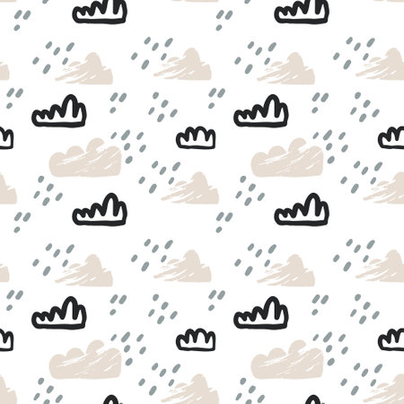 Naive abstract pattern cloud rain. Baby shower Scandinavian pastel wallpaper. Textile fabric design for kids. Flat bohemian vector neutral background paperのイラスト素材