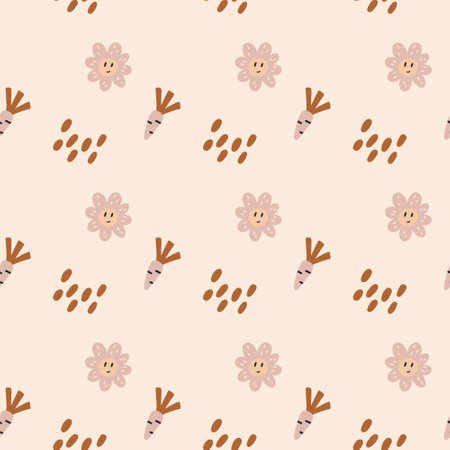 Boho modern minimalist pattern newborn carrot flower. Baby shower Scandinavian pastel wallpaper. Textile fabric design for kids. Flat bohemian vector neutral background paperのイラスト素材