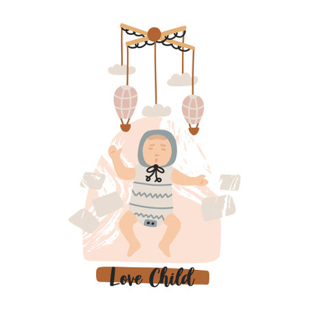 Abstract Poster of a sleeping newborn baby with a lullaby toy. Baby Shower Nursery Scandinavian Boho illustration. Lettering love child. Flat bohemian vector on neutral backgroundのイラスト素材