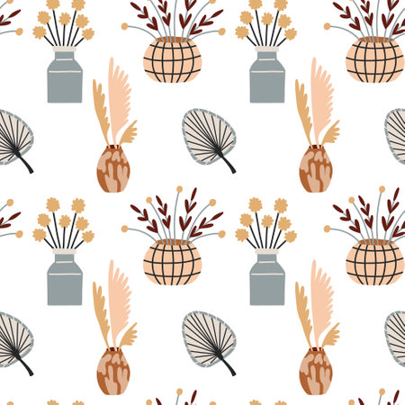 Seamless pattern boho decor vase. Baby shower Scandinavian pastel wallpaper. Textile fabric design for kids. Flat bohemian vector neutral background paperのイラスト素材