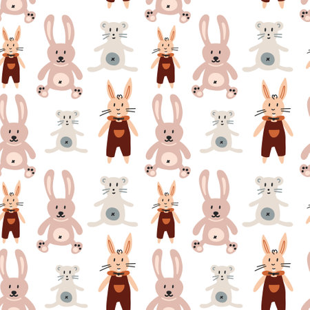 Seamless rabbit mouse pattern. Baby shower Scandinavian pastel wallpaper. Textile fabric design for kids. Flat bohemian vector neutral background paperのイラスト素材