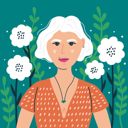 Portrait woman with white hair on a botanical background. Modern happy girl with flowers and plants. hand drawn vector illustrationのイラスト素材