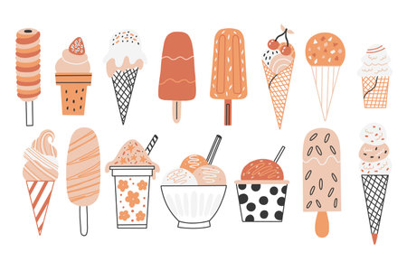 Set Orange Ice Cream. Collection Sweet Dessert. Stylish summer frozen delicious snack. Vector illustration on white isolated backgroundのイラスト素材